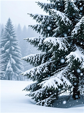 冬季雪花纷飞雪地雪松风景图片
